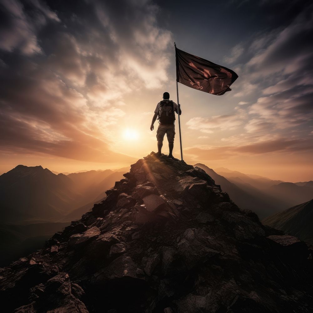 Mountain flag silhouette adventure.