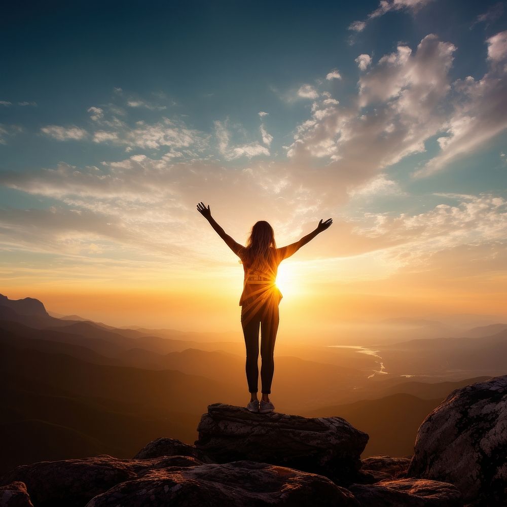 Carefree woman standing on the edge of mountain cliff. 