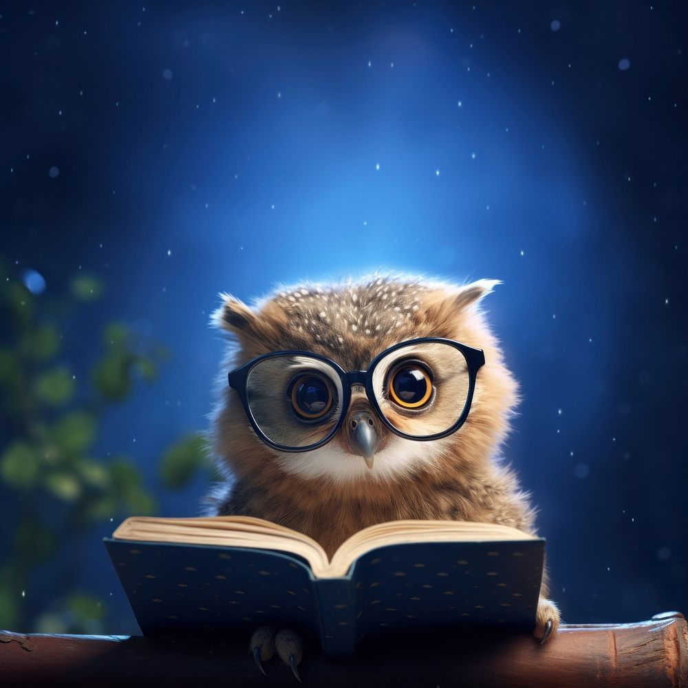 Cute owl reading a book. 