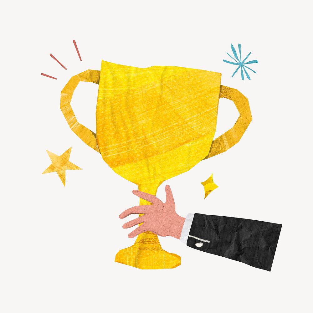 Golden trophy, business success paper craft collage