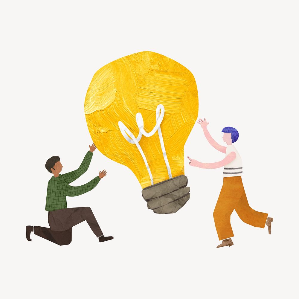 People holding bulb, creative idea paper craft collage