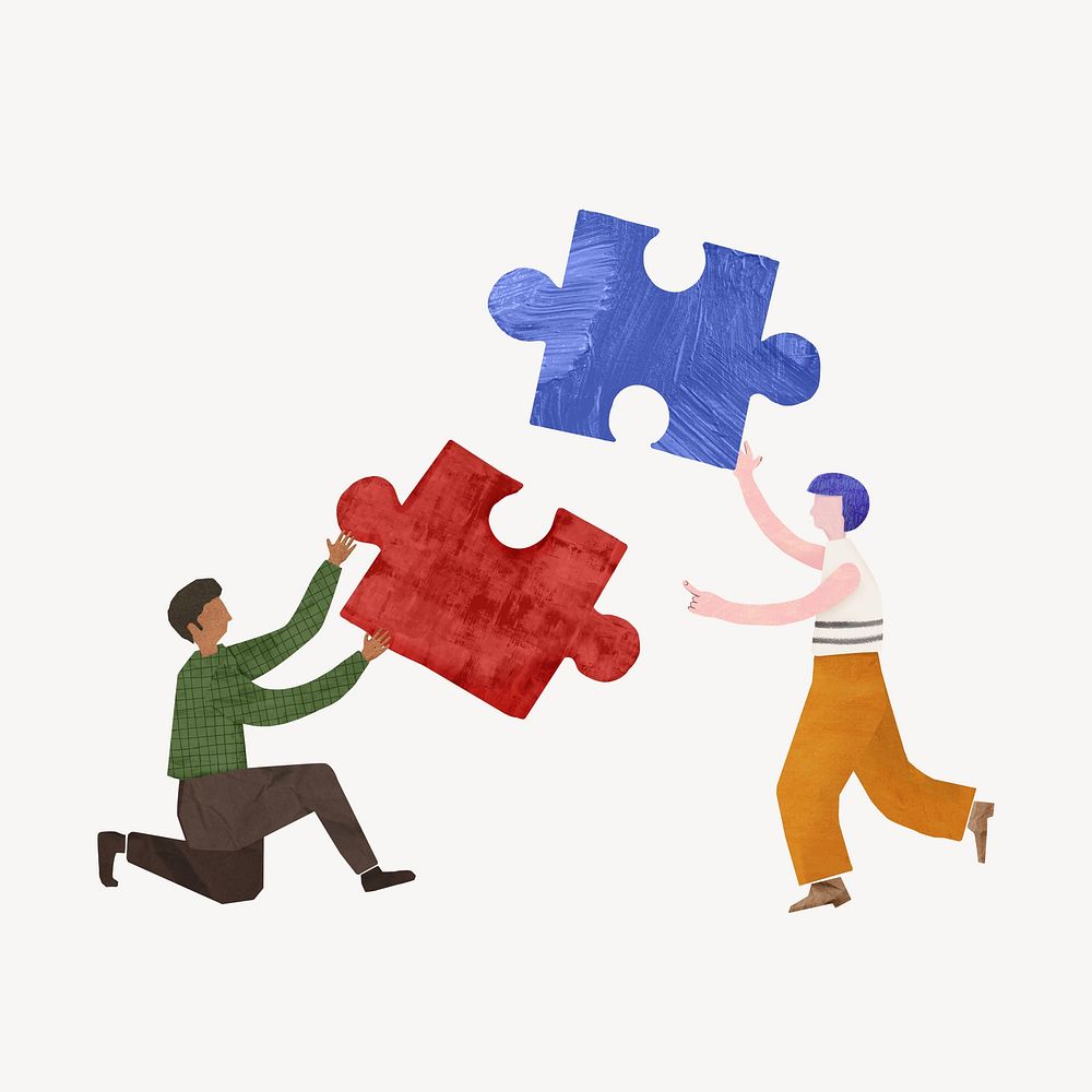 People holding puzzle, teamwork paper craft collage