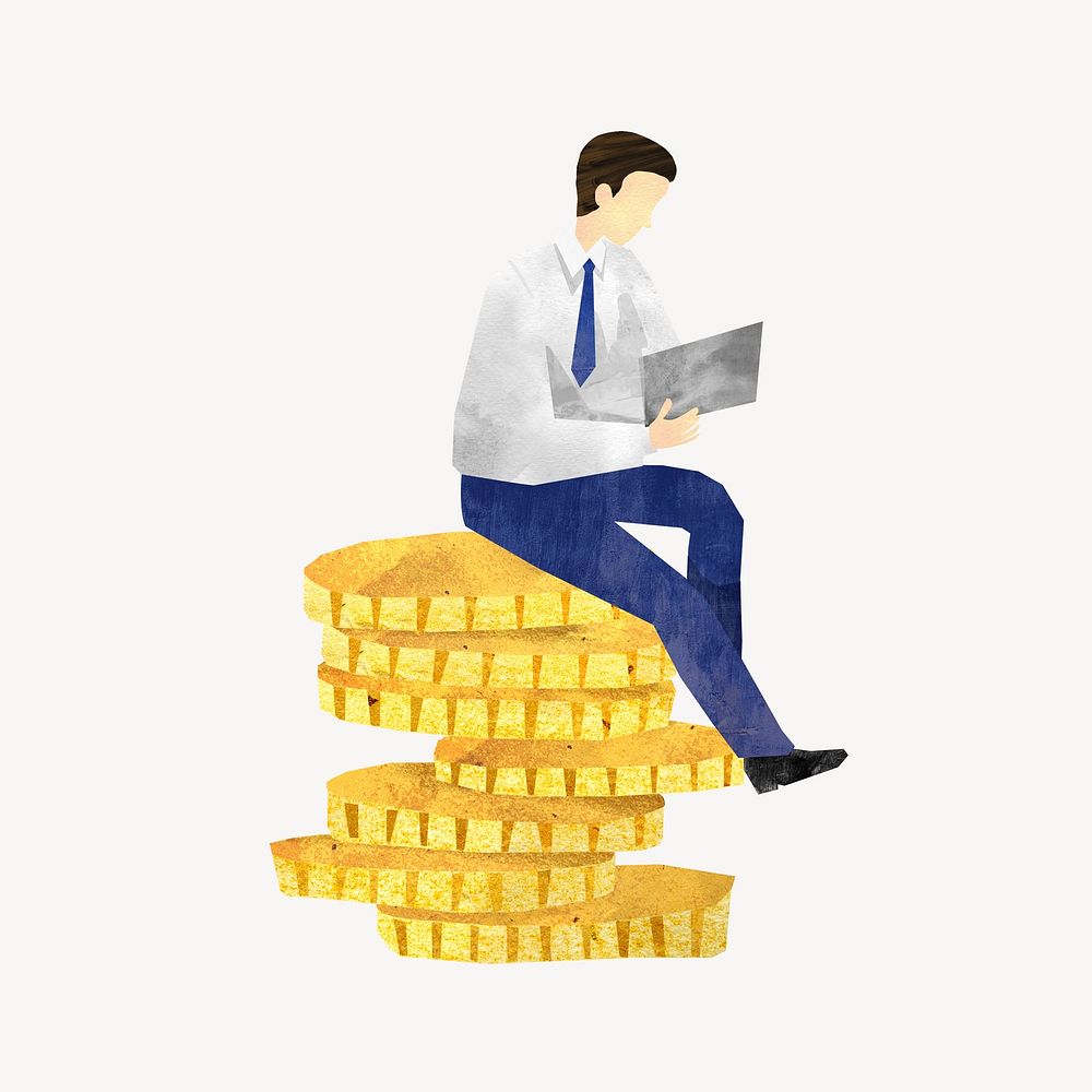 Businessman sitting on coins, finance paper craft collage