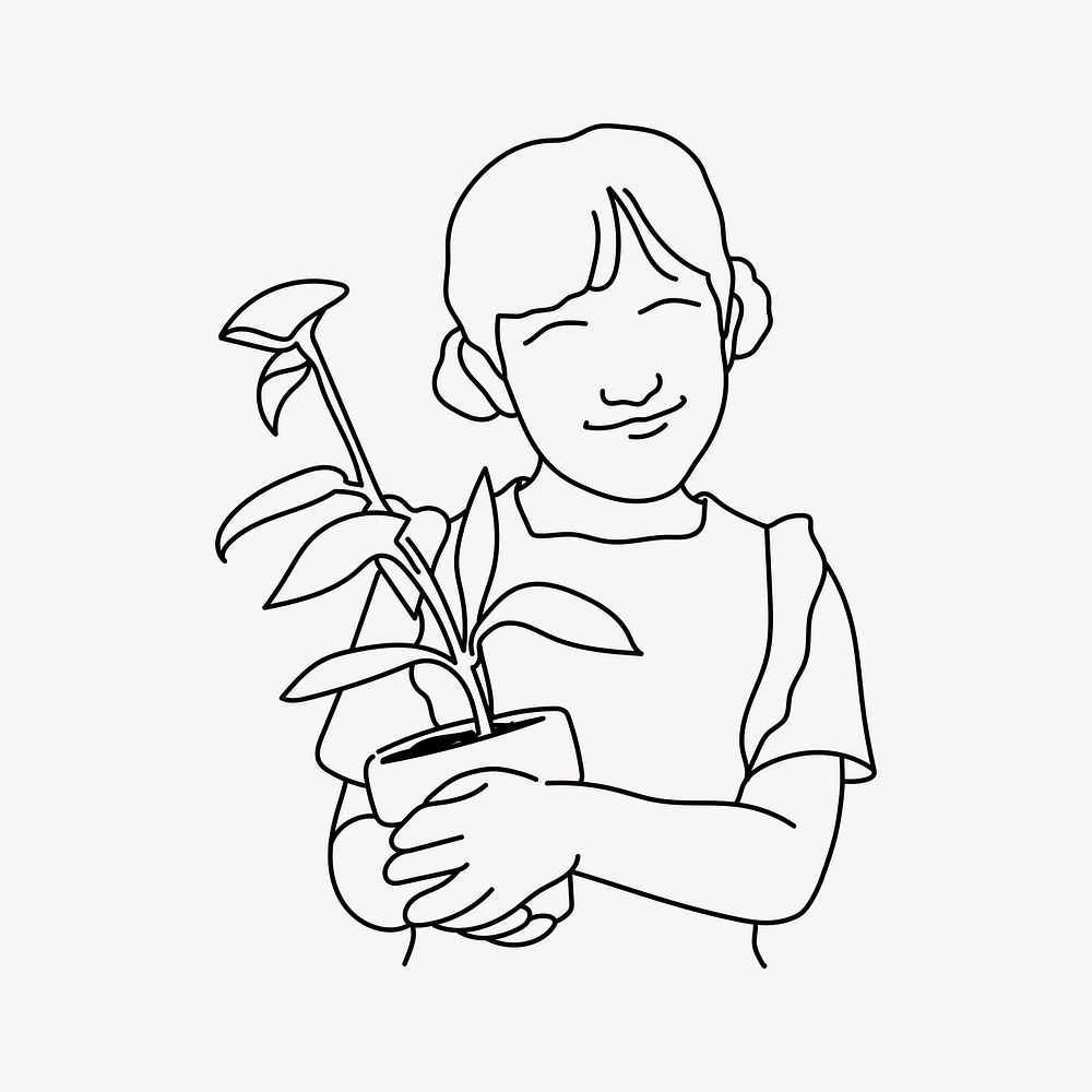 Girl holding plant hand drawn illustration vector