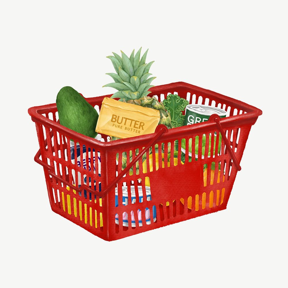 Food grocery shopping, basket collage element psd