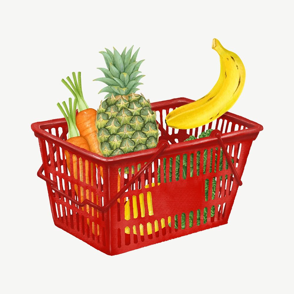 Food grocery shopping, basket collage element psd