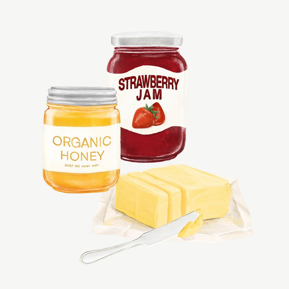 Strawberry jam & honey, butter spread collage element psd