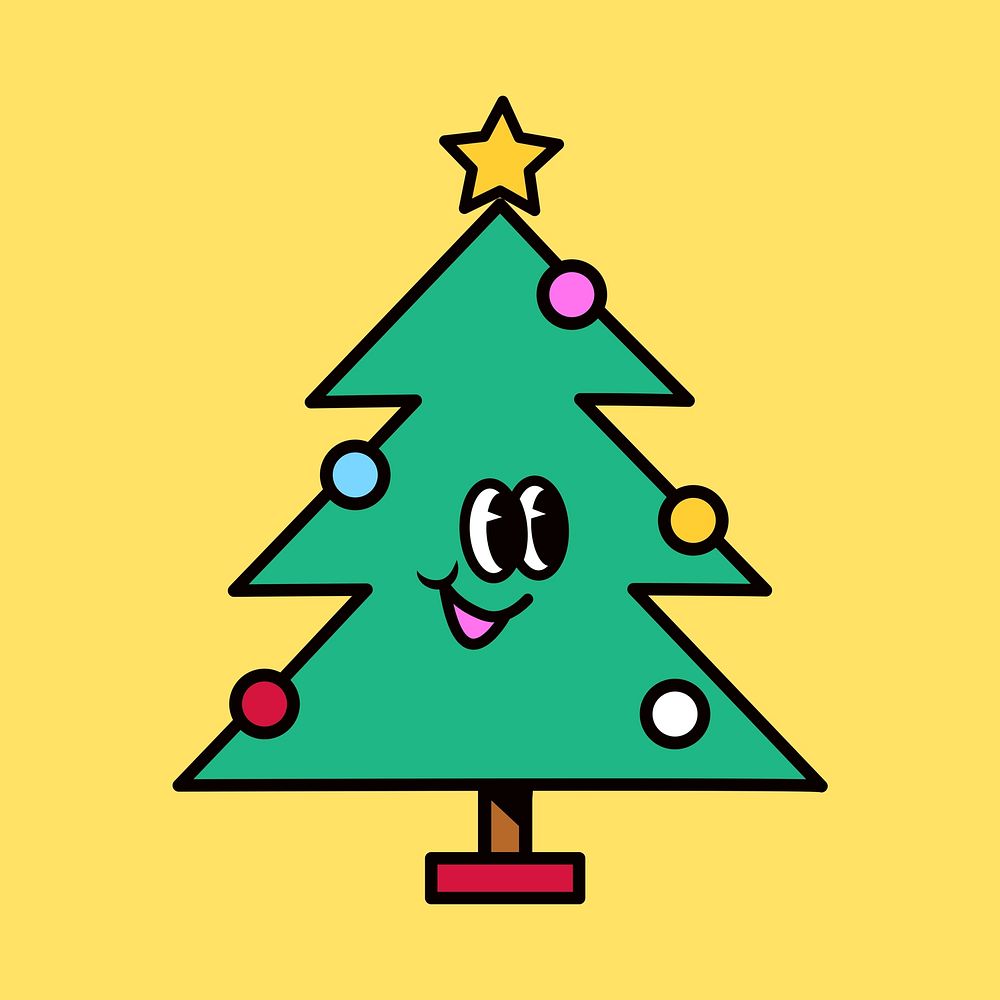 Christmas tree cartoon, line art illustration vector