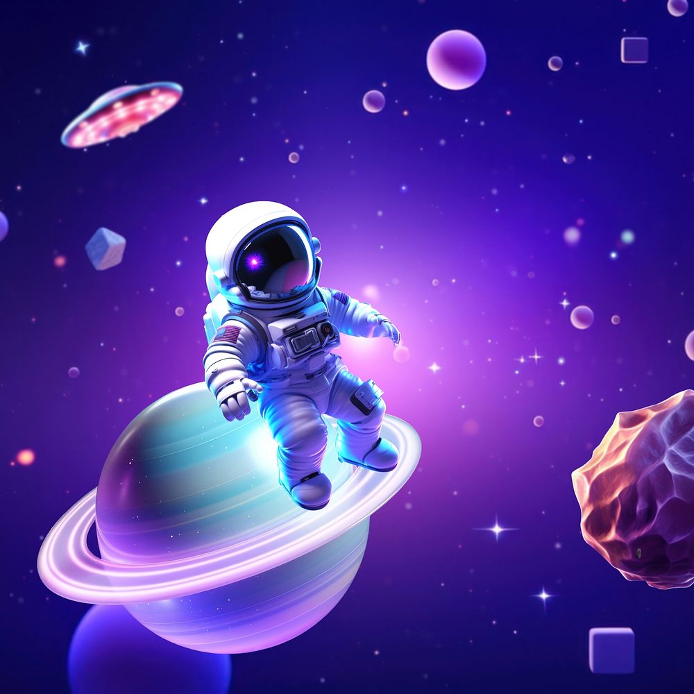 Astronaut 3D illustration, purple futuristic galaxy design