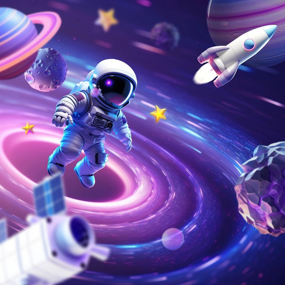 Astronaut 3D illustration, purple futuristic galaxy design