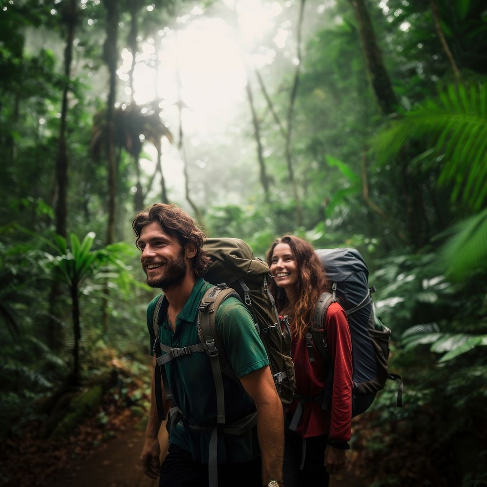 couple of backpackers adventure in a jungle. AI generated Image by rawpixel. 