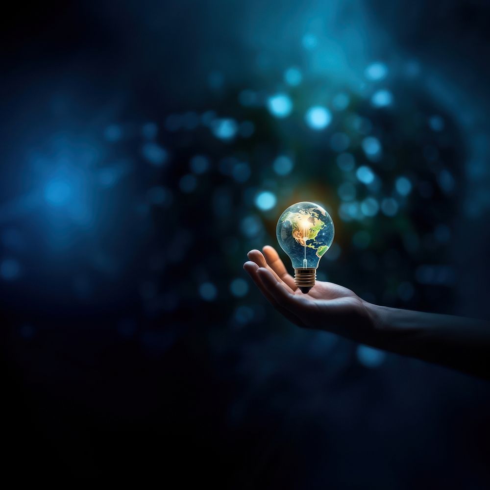 close-up remix photo of hand holding a light bulb with the earth inside. AI generated Image by rawpixel. 