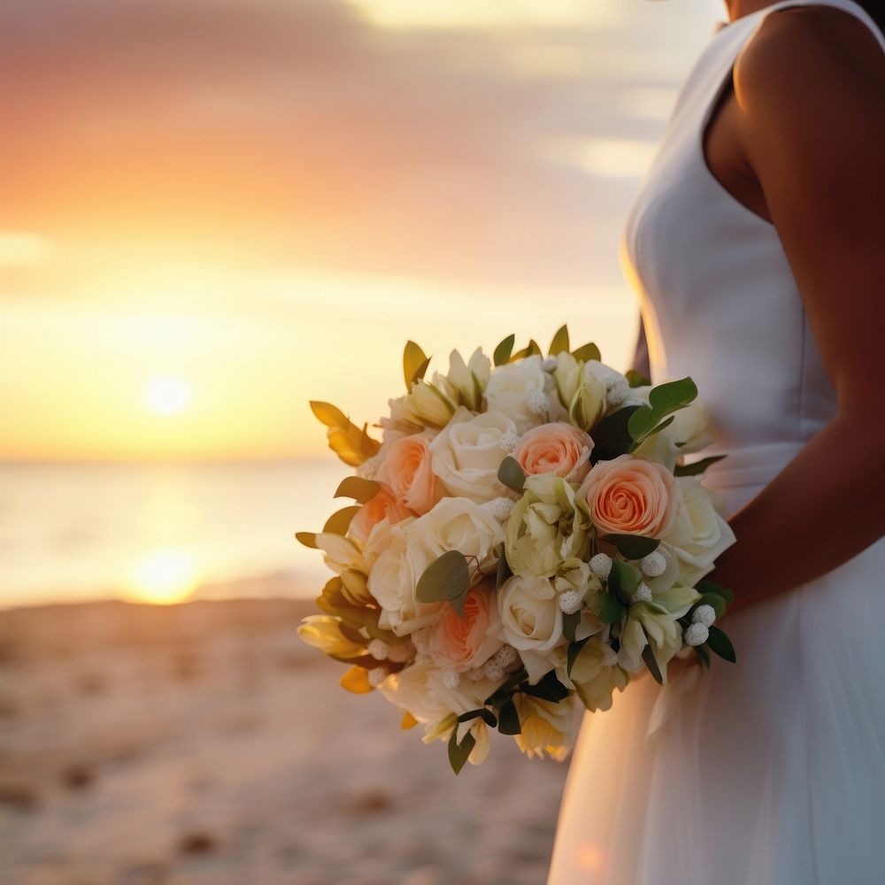 Closeup groom and bride have bouquet at the sunset beach, focus on bouquet.  