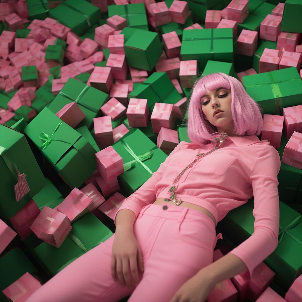 a woman lying on top of boxes of beeps in green, in the style of candycore, pink, berrypunk.  