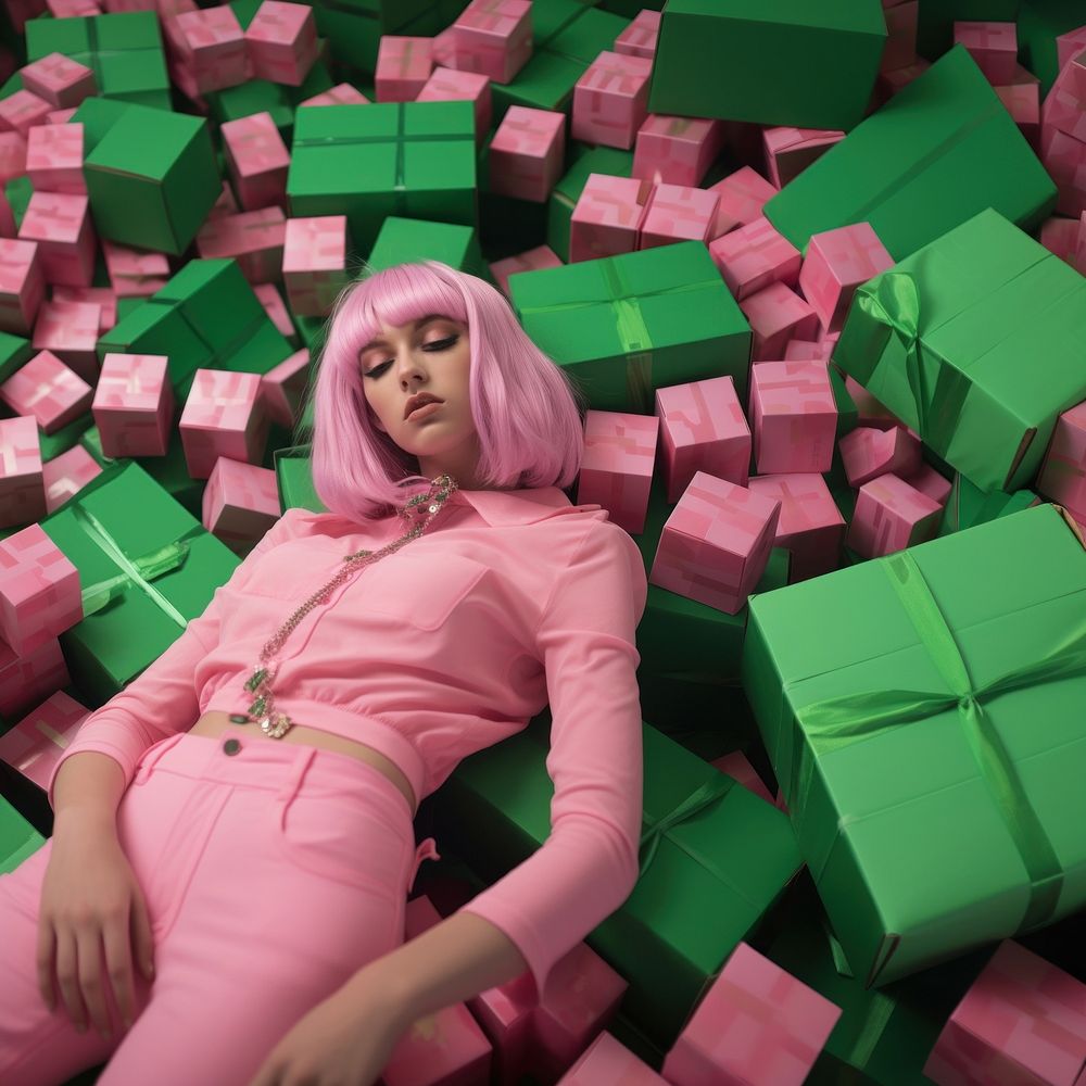 a woman lying on top of boxes of beeps in green, in the style of candycore, pink, berrypunk.  