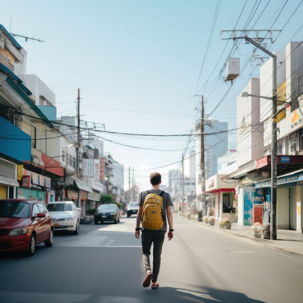 Backpacker walking street city. 