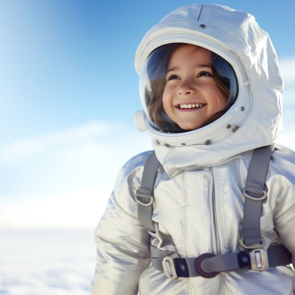 a photo of smiling girl child dressed as astronaut.  