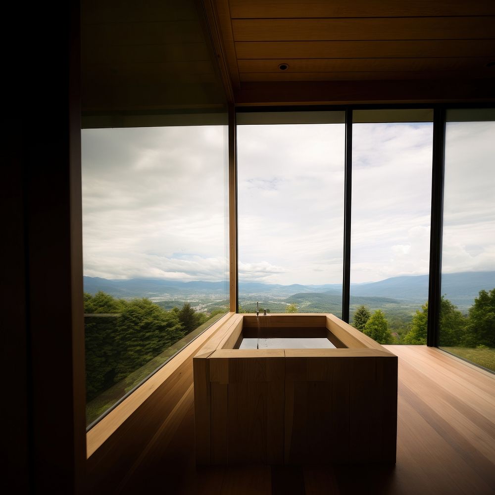 Japanese wooden onzen bathtub architecture tranquility daylighting. AI generated Image by rawpixel.