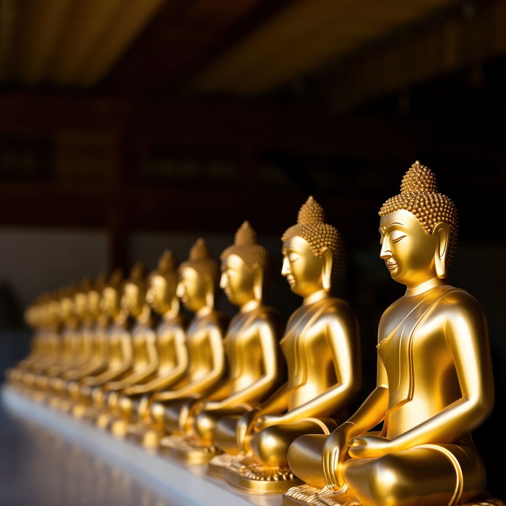 Golden buddha statues temple representation spirituality. 