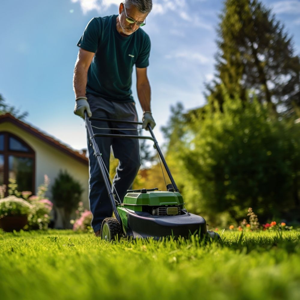 Photo of a man tending to lawn. 