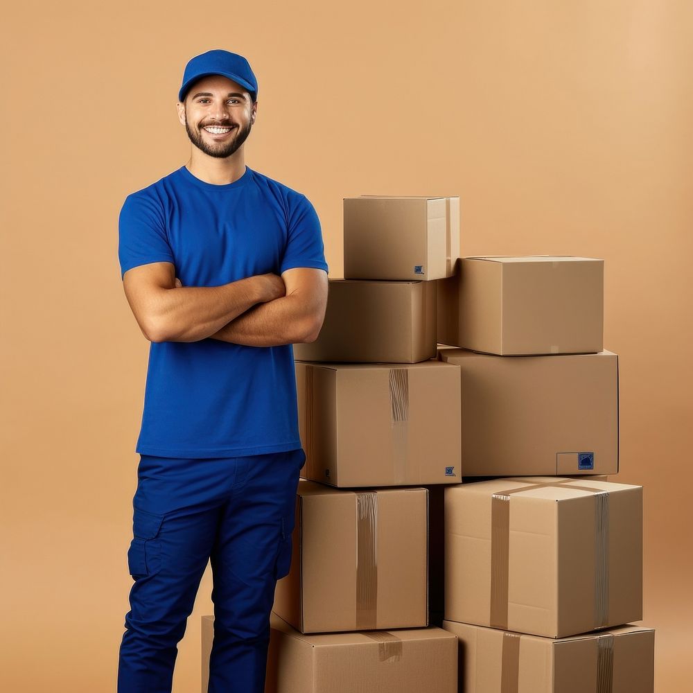 Delivery guy cardboard box smiling. AI generated Image by rawpixel.