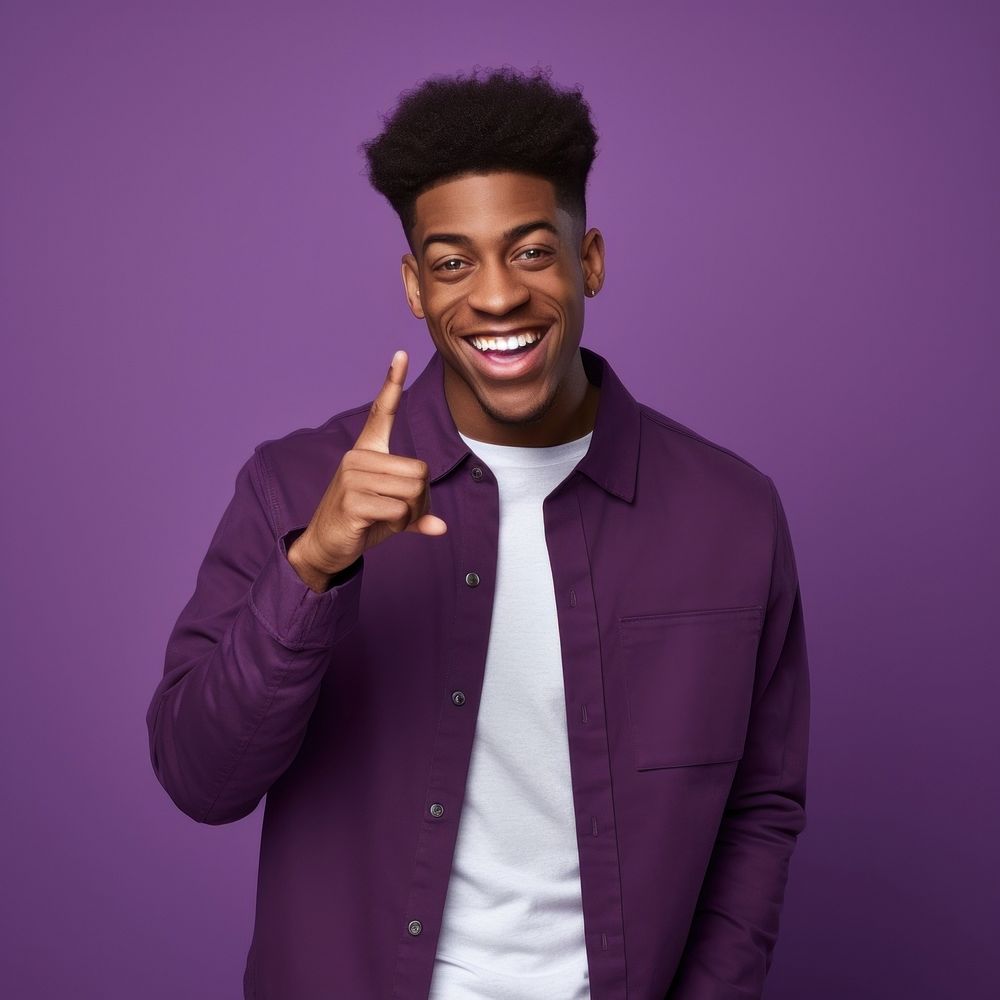 Purple smile standing pointing. AI generated Image by rawpixel.