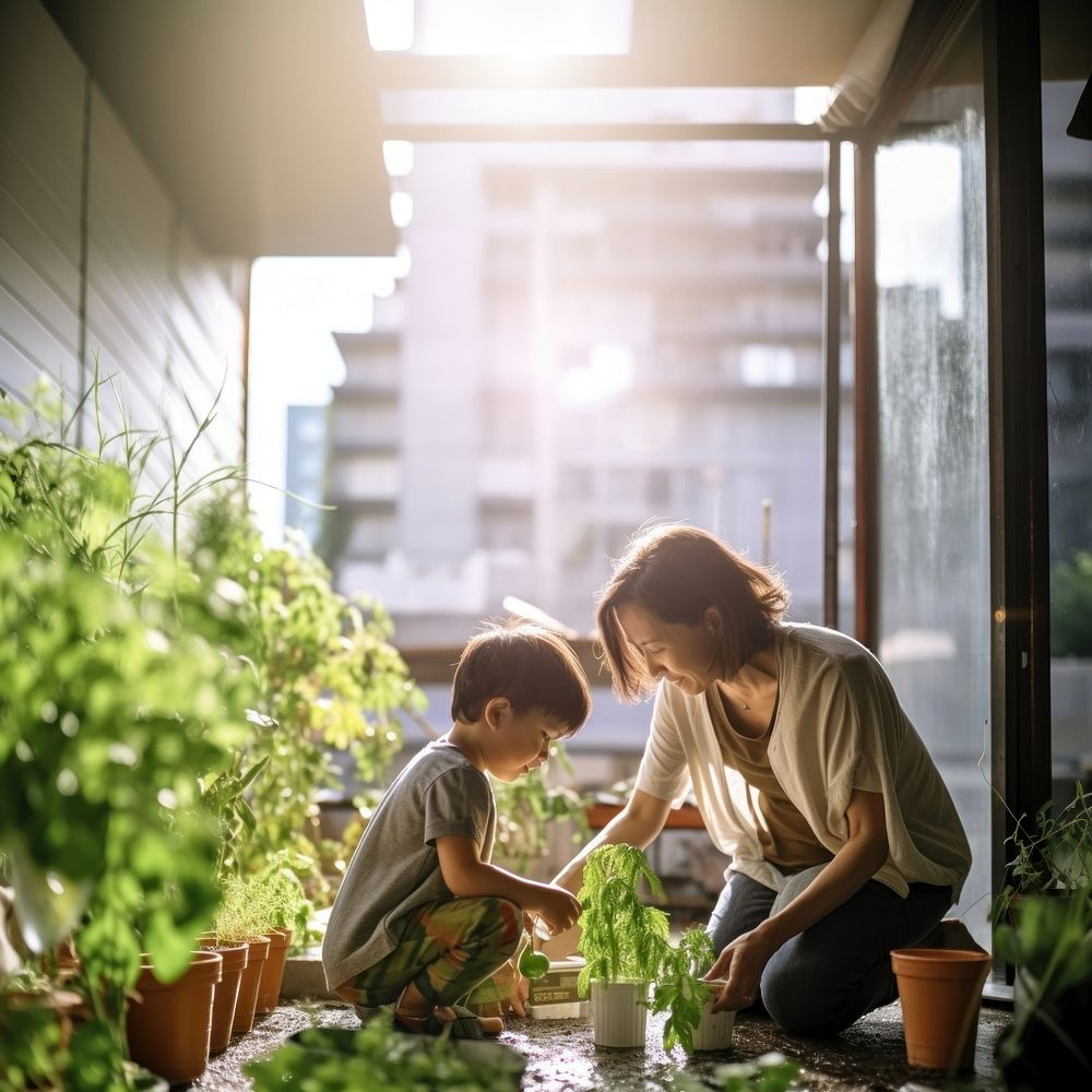 photo a Mother and son watering vegetables in their urban garden.  