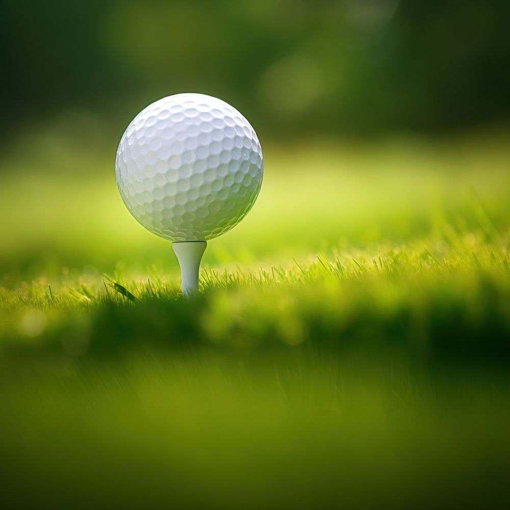 photo of a close up the golf ball on tee pegs ready to play, light green, natural light. 