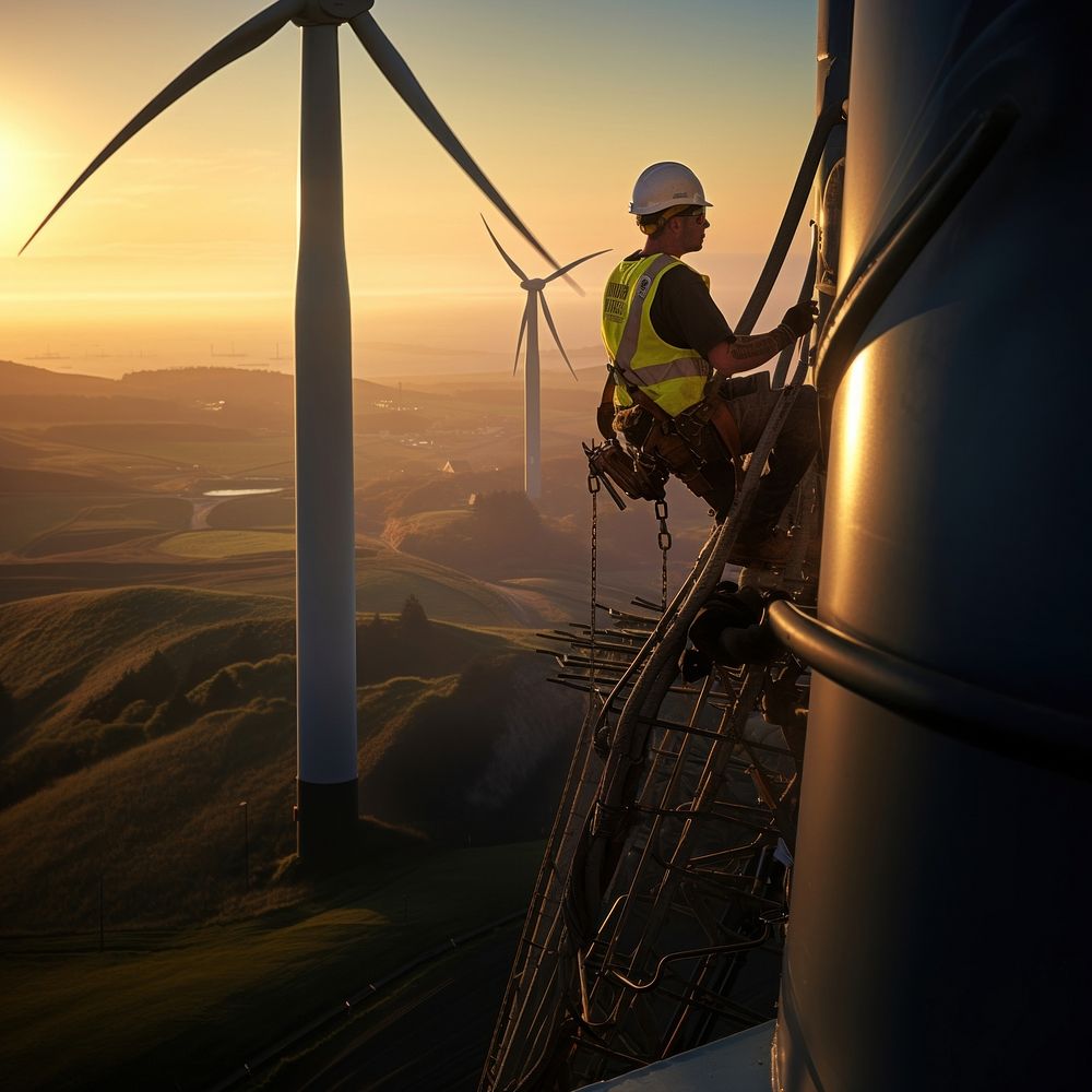 Wind turbine worker checking installation. 