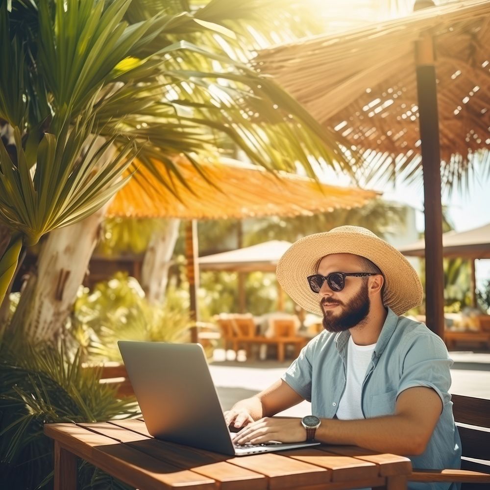 Young man freelancer traveler working online using laptop while traveling on summer vacation. 