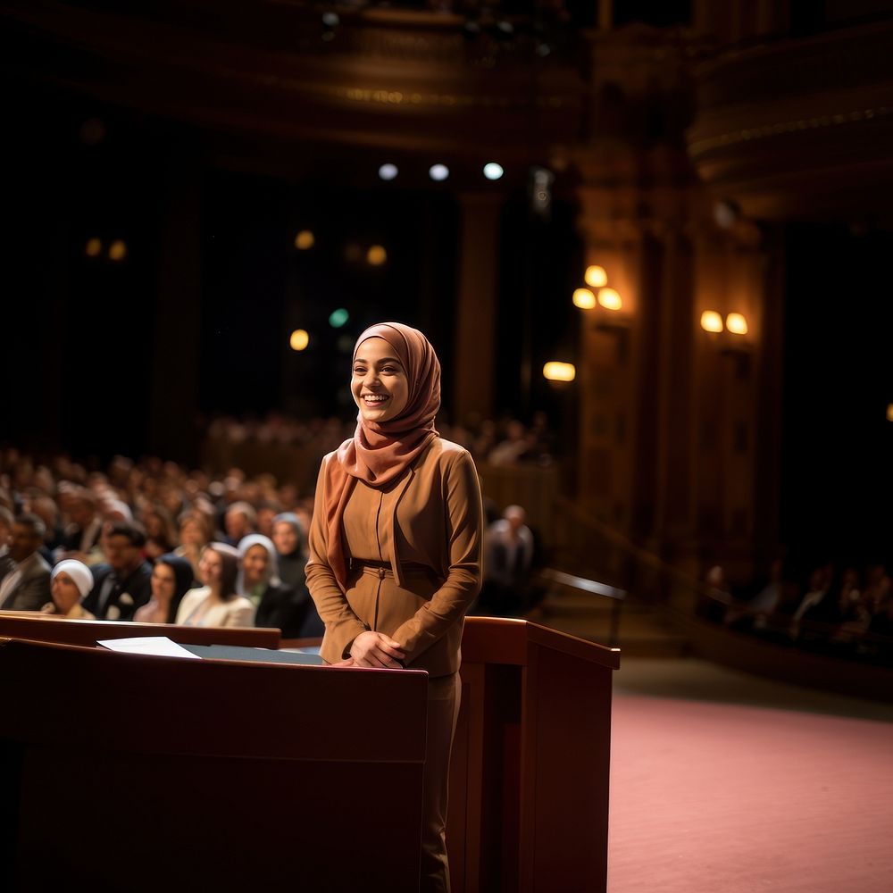 Young Muslim woman speaker on professional stage.  
