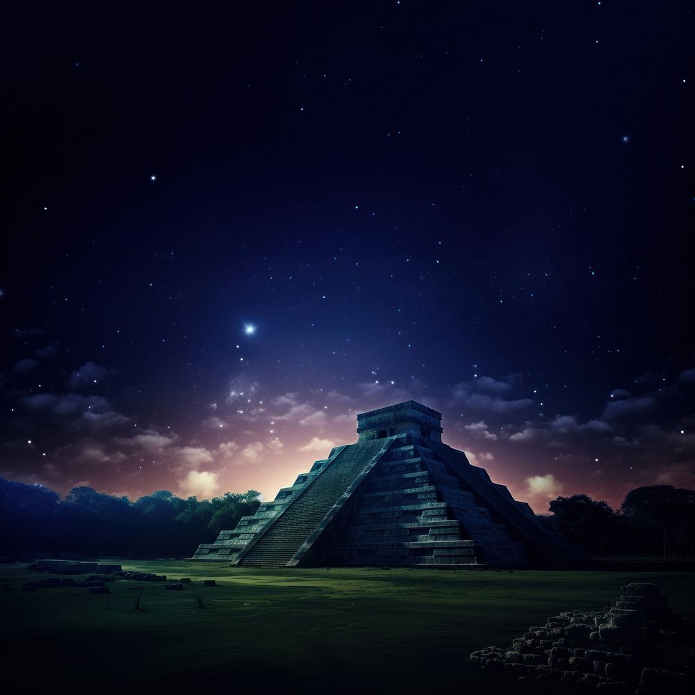 Photo of Chichen Itza skyline at night. AI generated Image by rawpixel. 