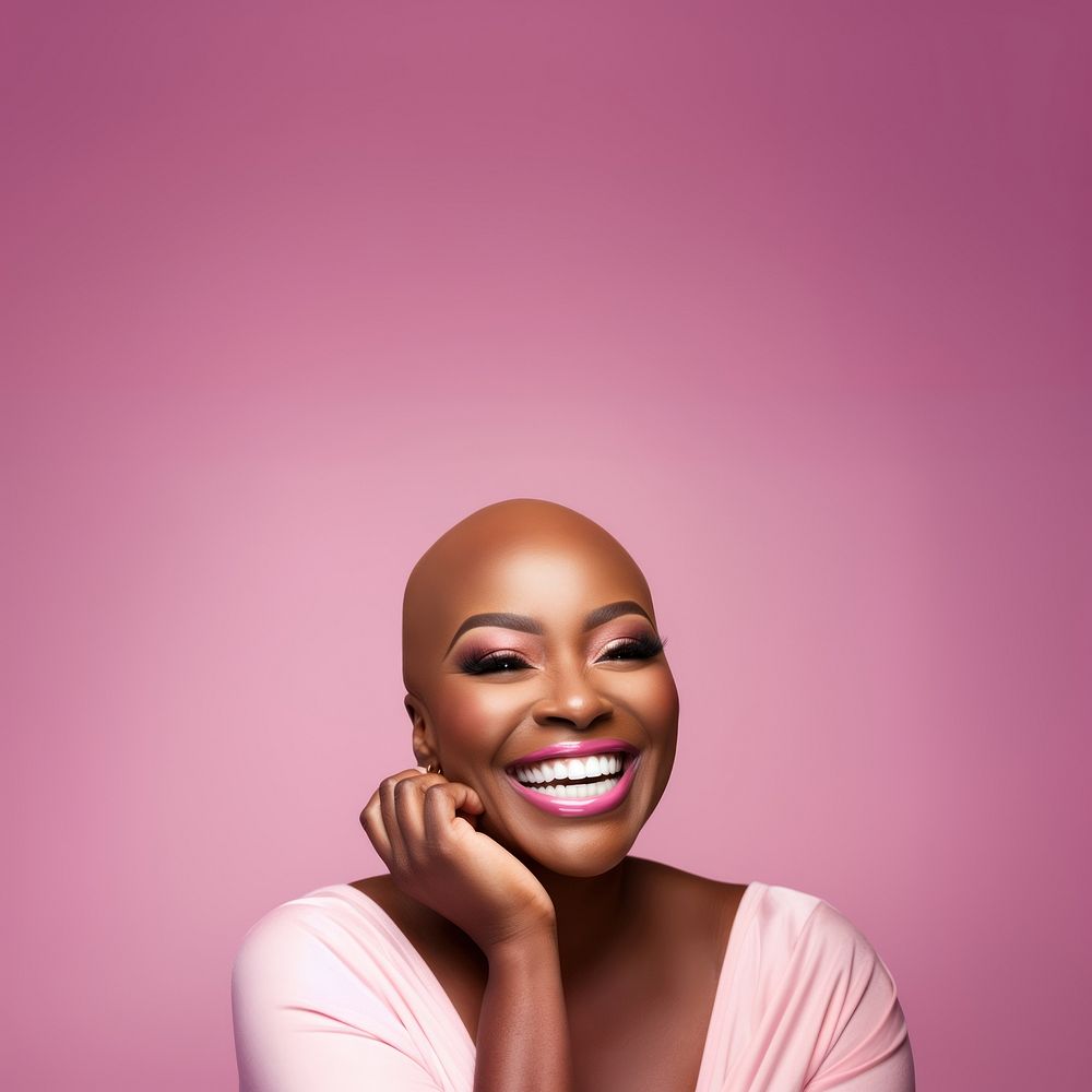 close up face photo of a bald chubby black woman smiling with pink tone makeup. AI generated Image by rawpixel. 