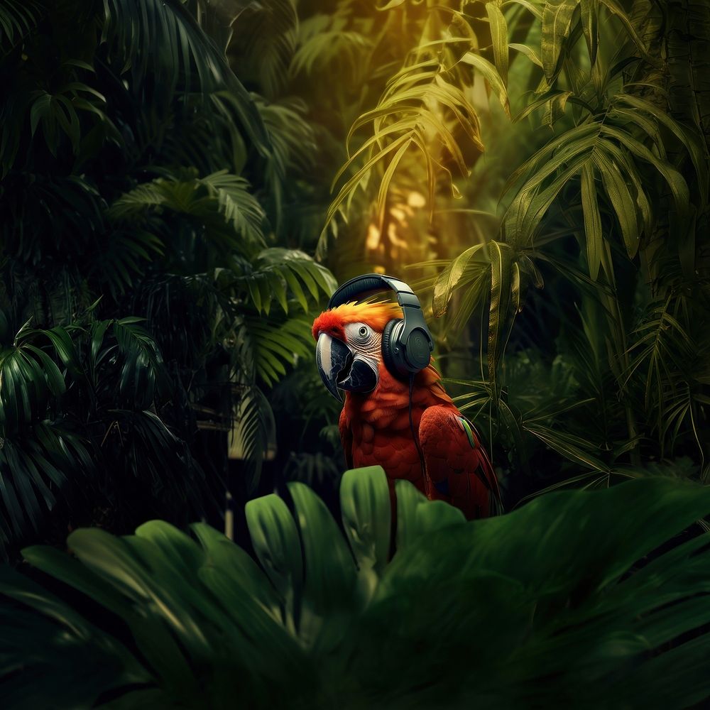 photo of parrot wearing headphone on the branch, space, photorealistic, raw image. AI generated Image by rawpixel. 