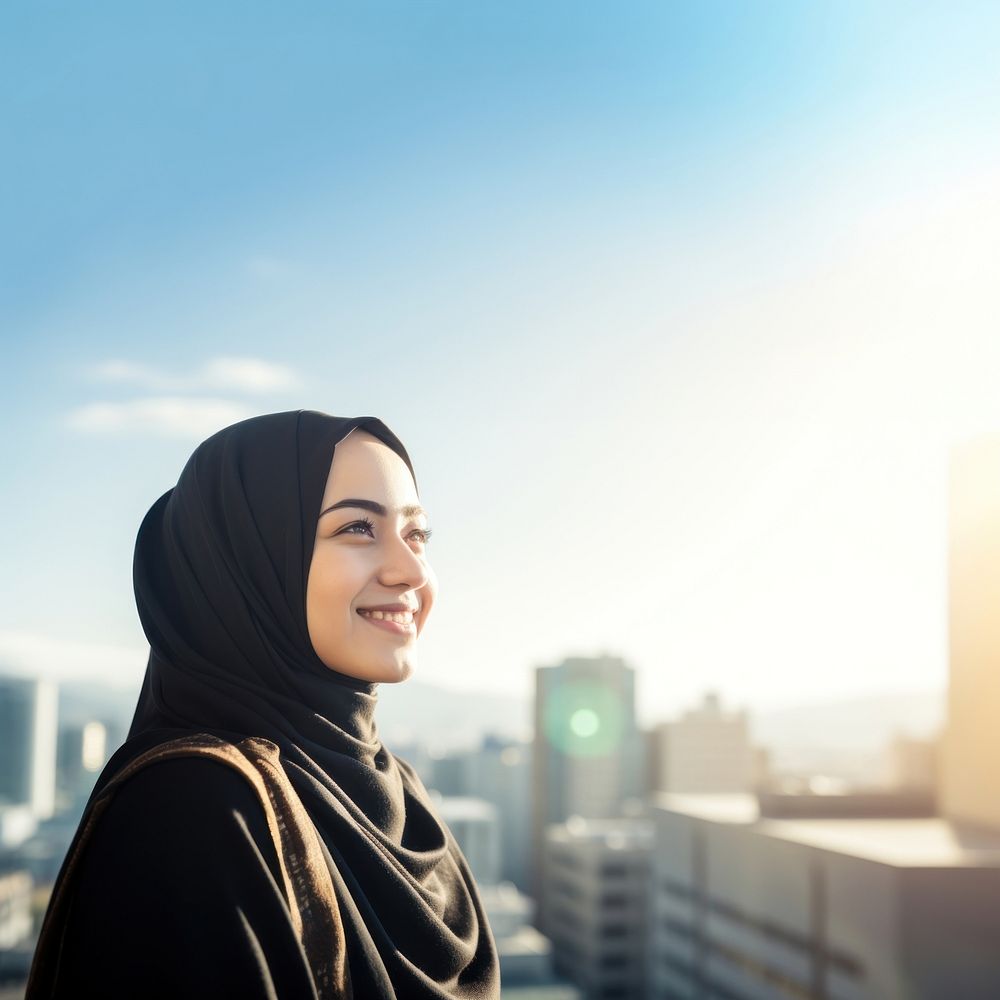 Muslim woman smiling looking hijab.