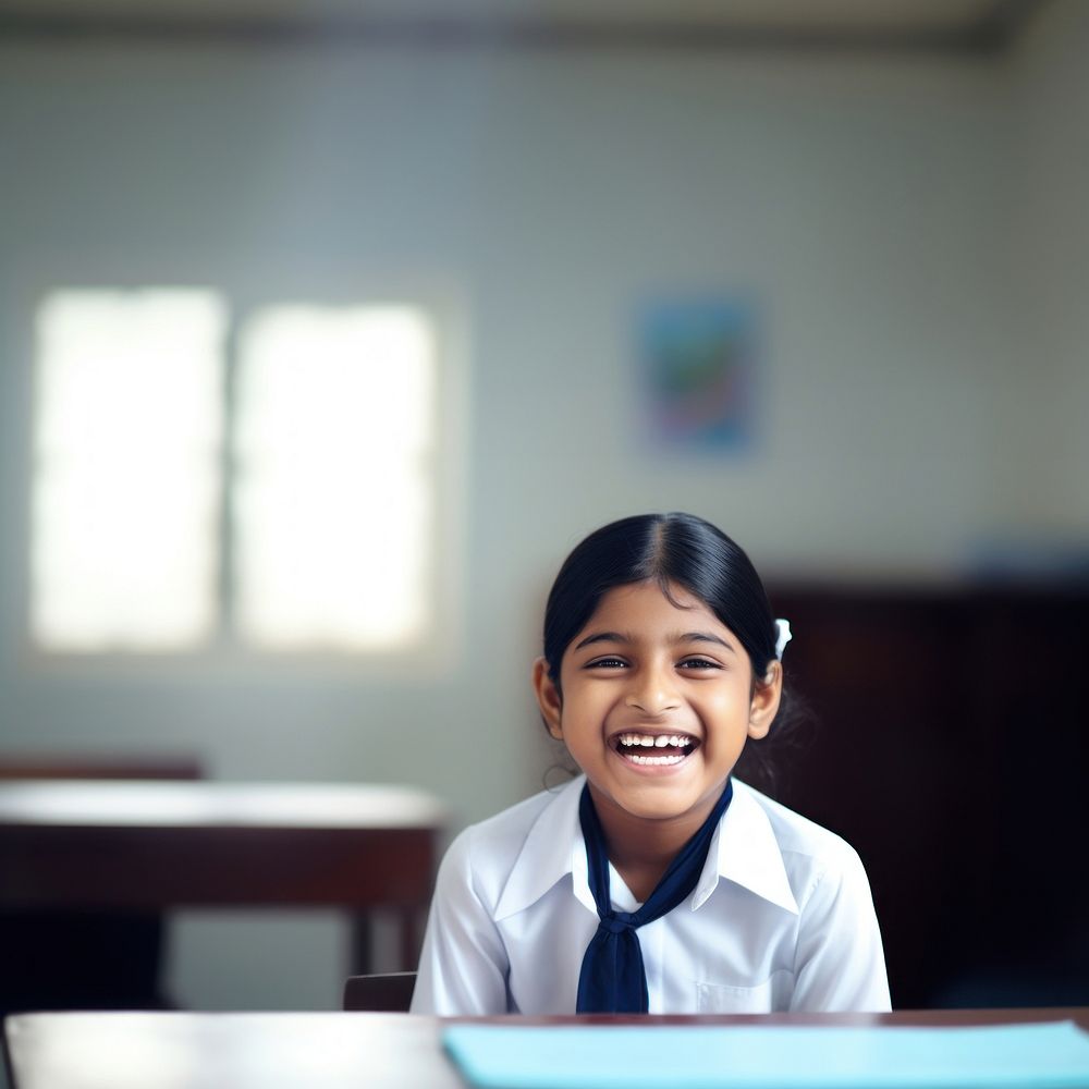 South asian young girl student smiling sitting. 