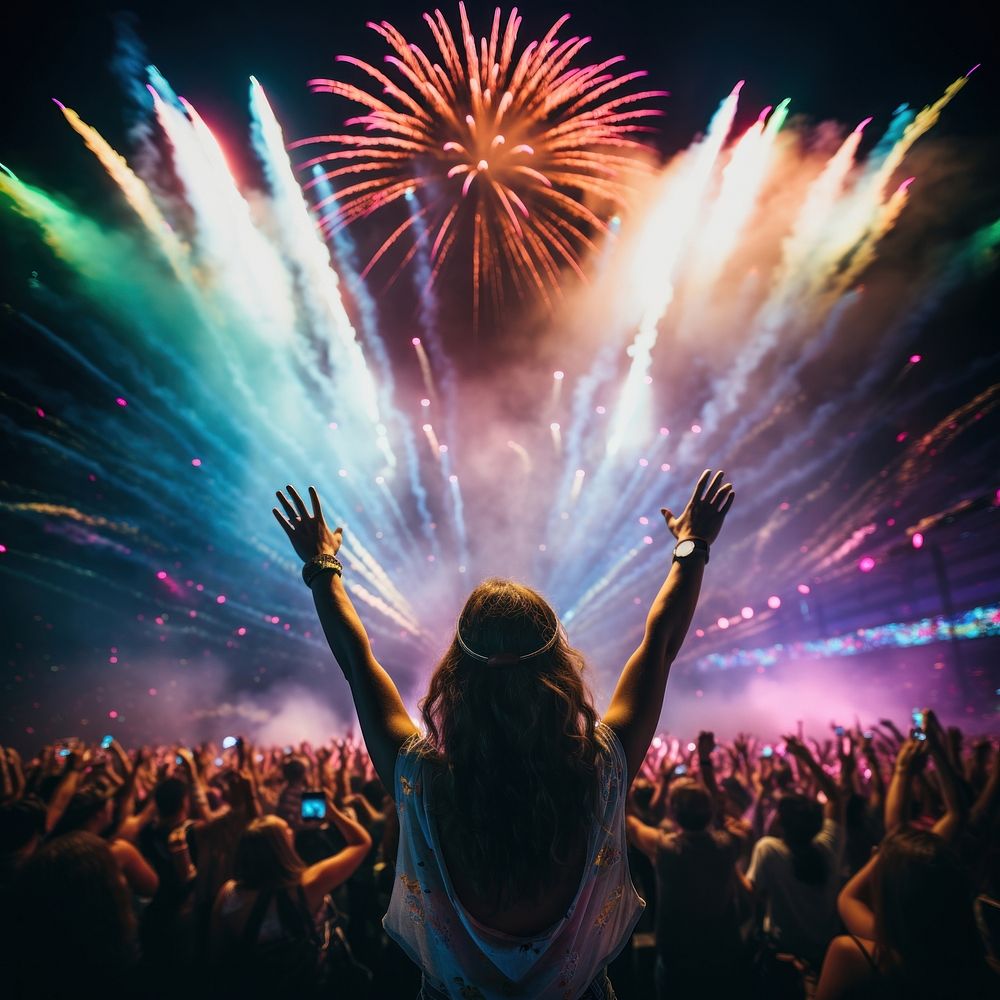 EDM concert fireworks dancing music. AI generated Image by rawpixel.