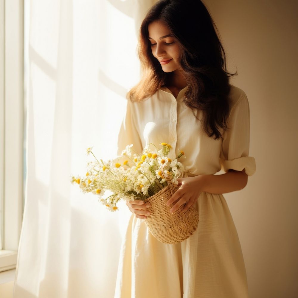 Woman holding flowers basket fashion wedding dress. 