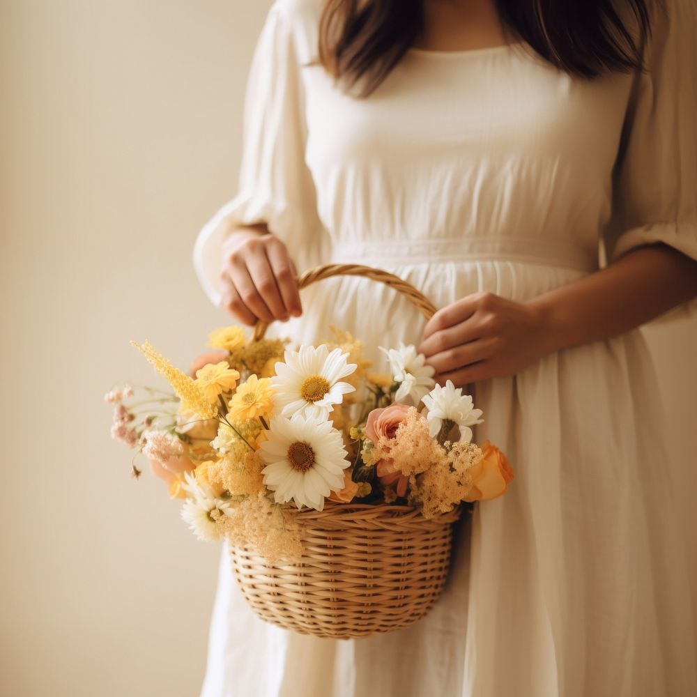 Woman holding flowers basket wedding adult bride. 