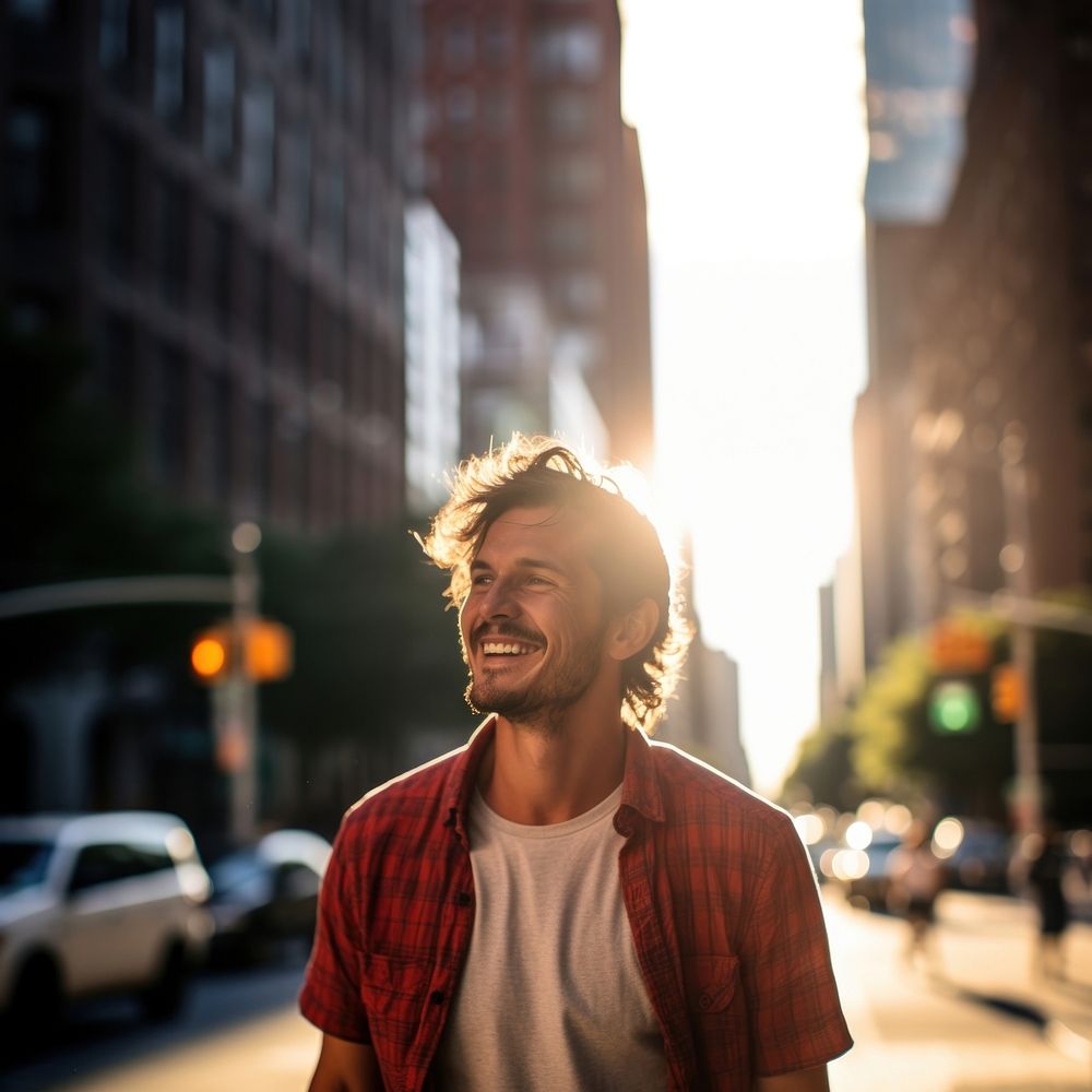 City laughing portrait street. 