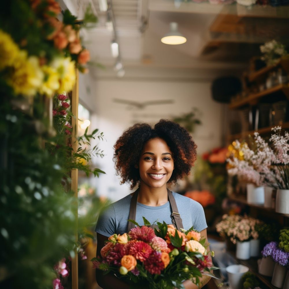 Female florist flower smile adult. 