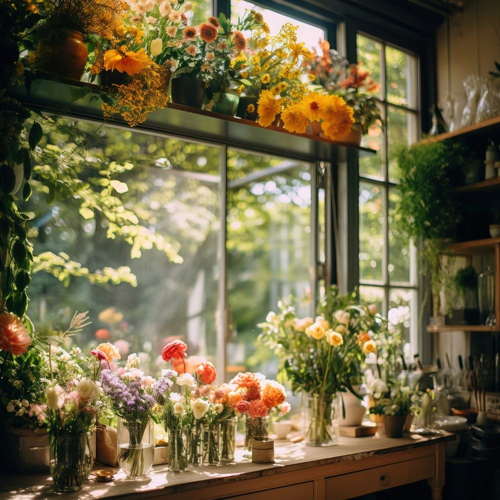 Flowers shop window plant architecture. 