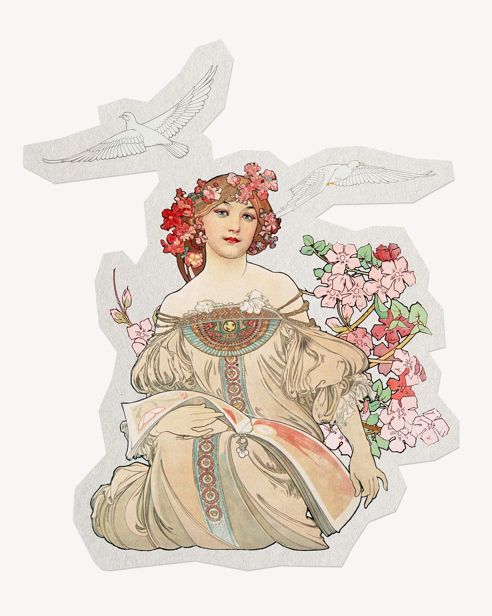 Mucha's Vintage woman  paper element with white border , artwork remixed by rawpixel.