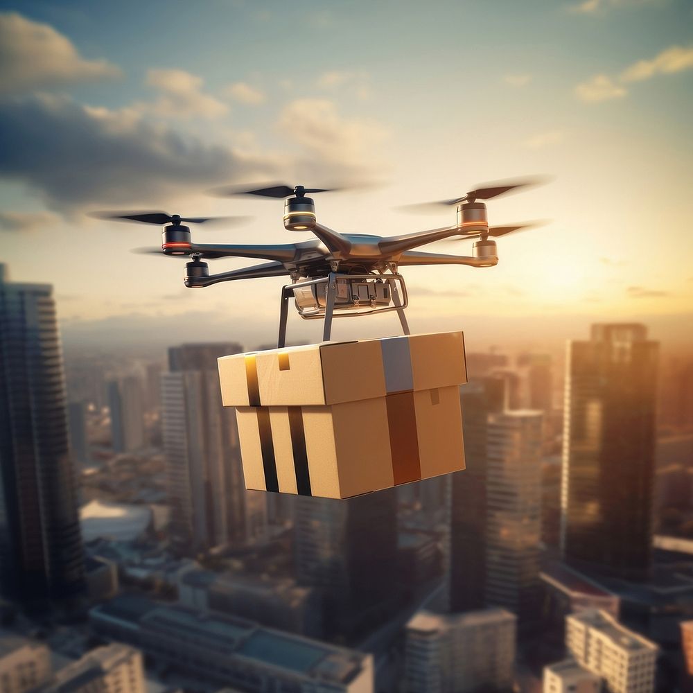 Drone carrying a package helicopter aircraft outdoors. AI generated Image by rawpixel.