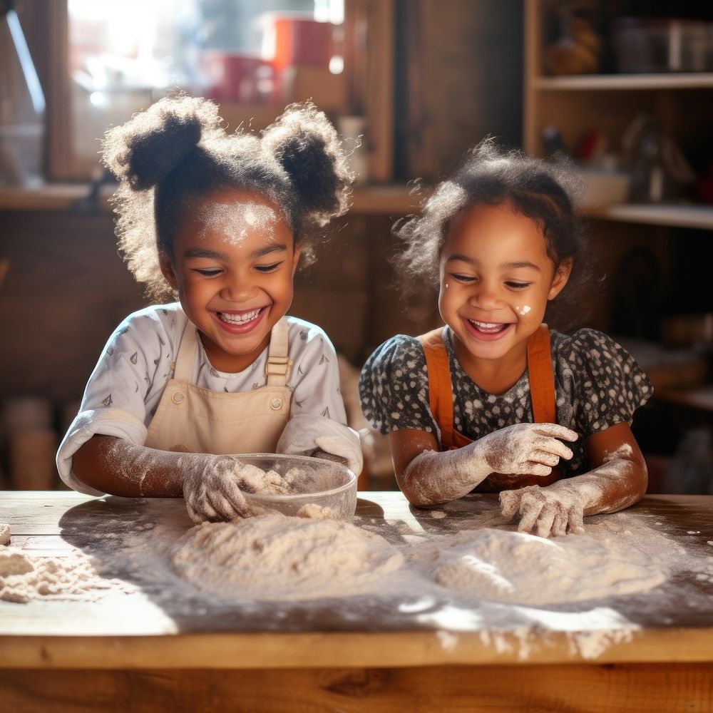 Kitchen cooking child flour. 