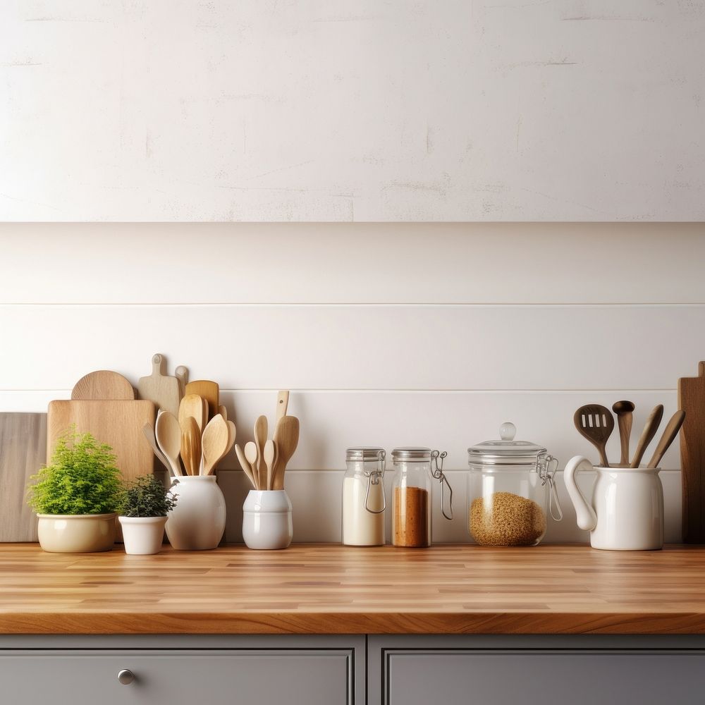Contemporary kitchen countertop wood kitchen utensil. AI generated Image by rawpixel.