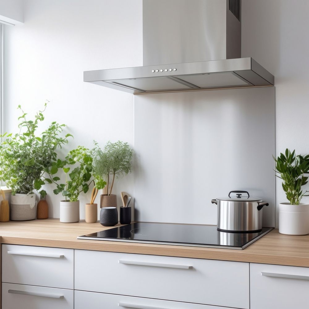 Minimal white kitchen interior plant countertop appliance. 