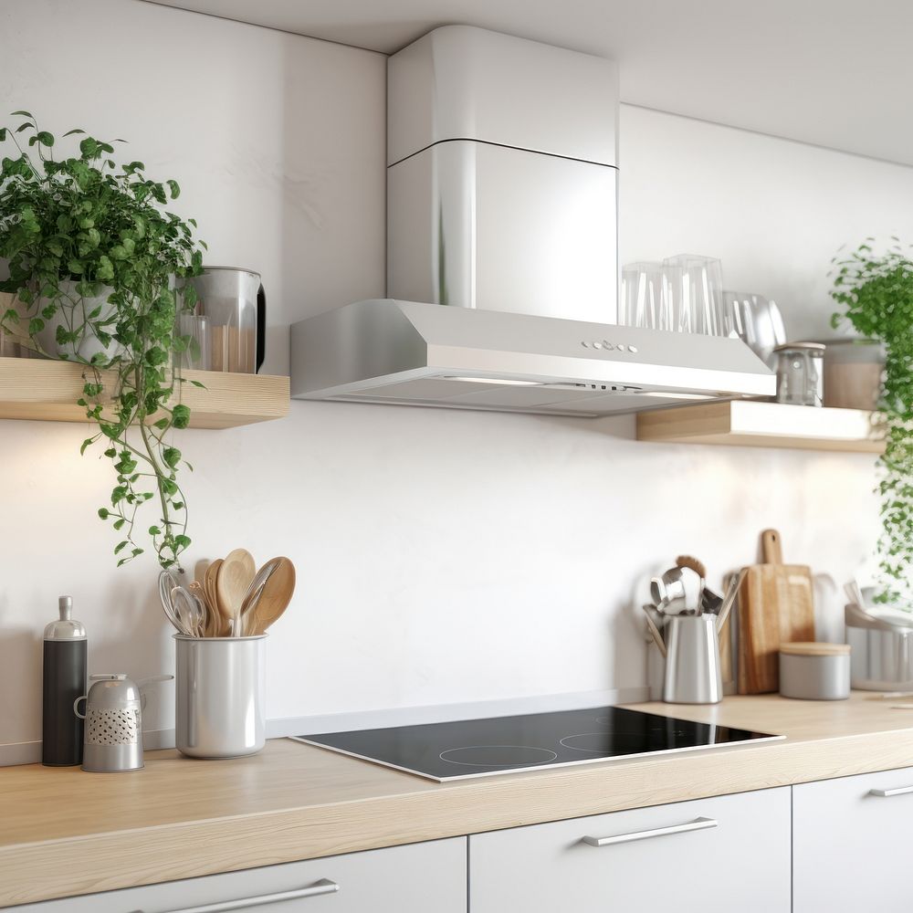 Minimal white kitchen interior plant countertop architecture. 