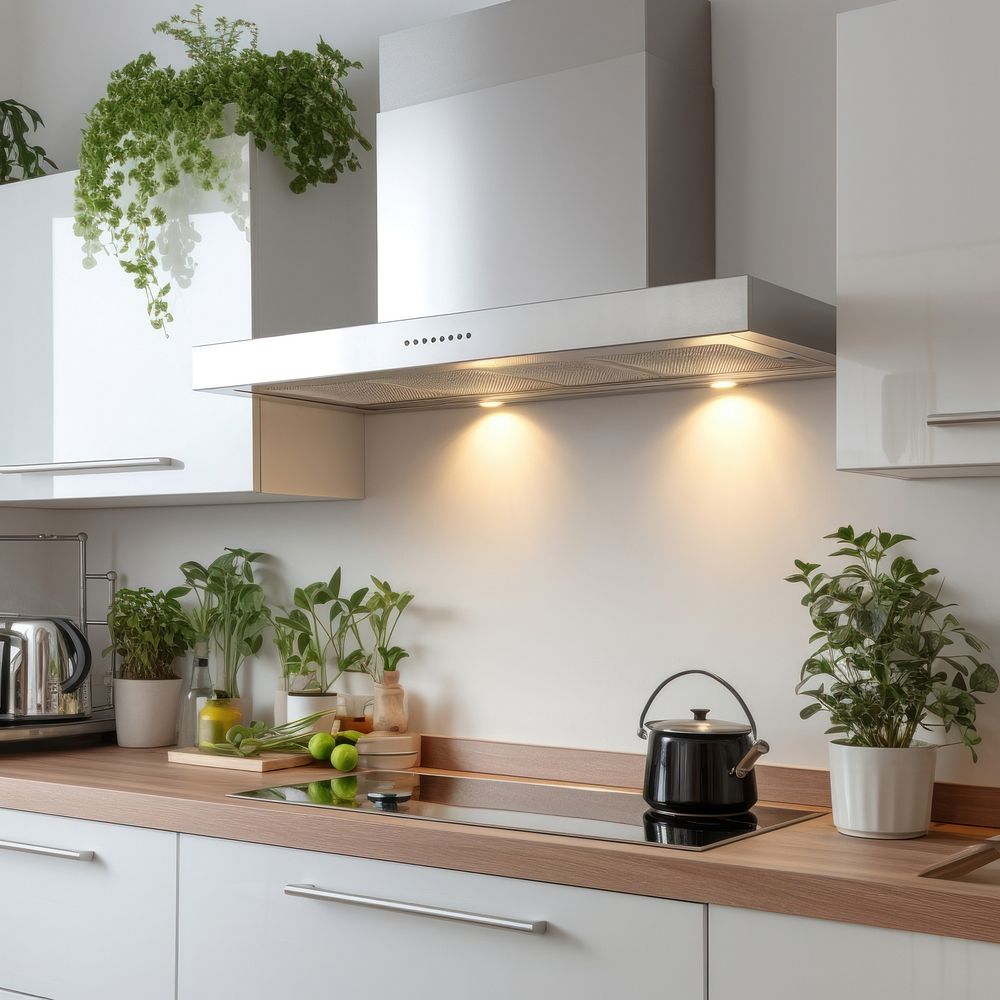 Minimal white kitchen interior plant countertop architecture. AI generated Image by rawpixel.