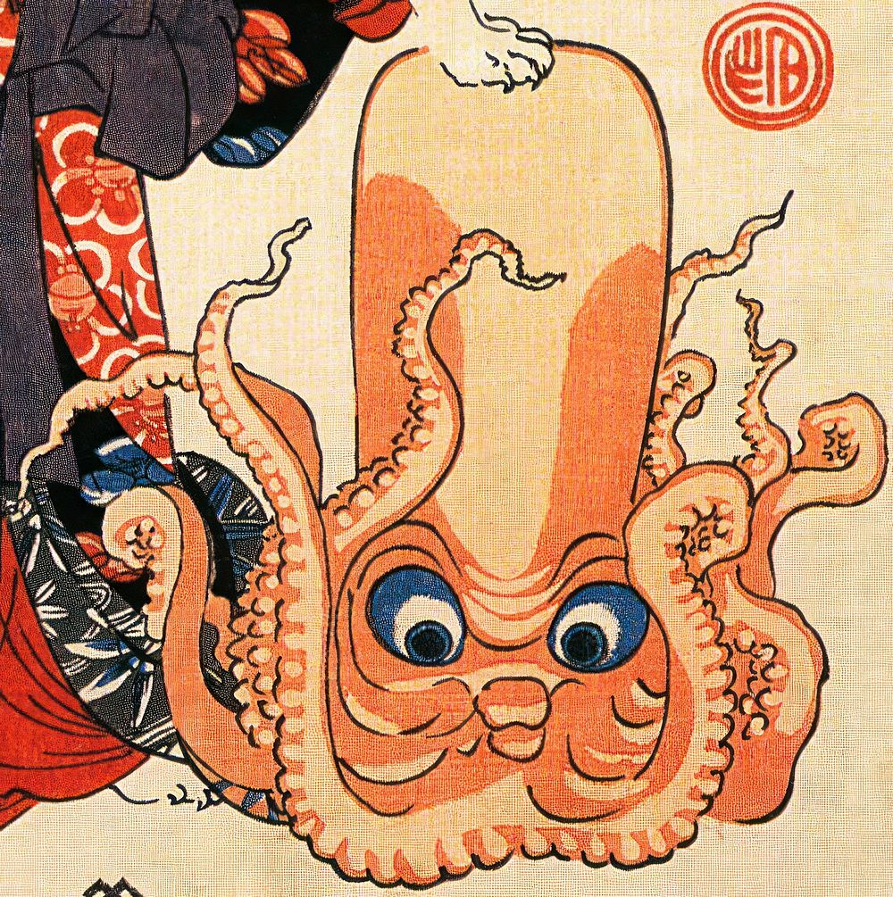 A cat dressed as a woman tapping the head of an octopus  (1798&ndash;1861), vintage Japanese illustration by Utagawa…